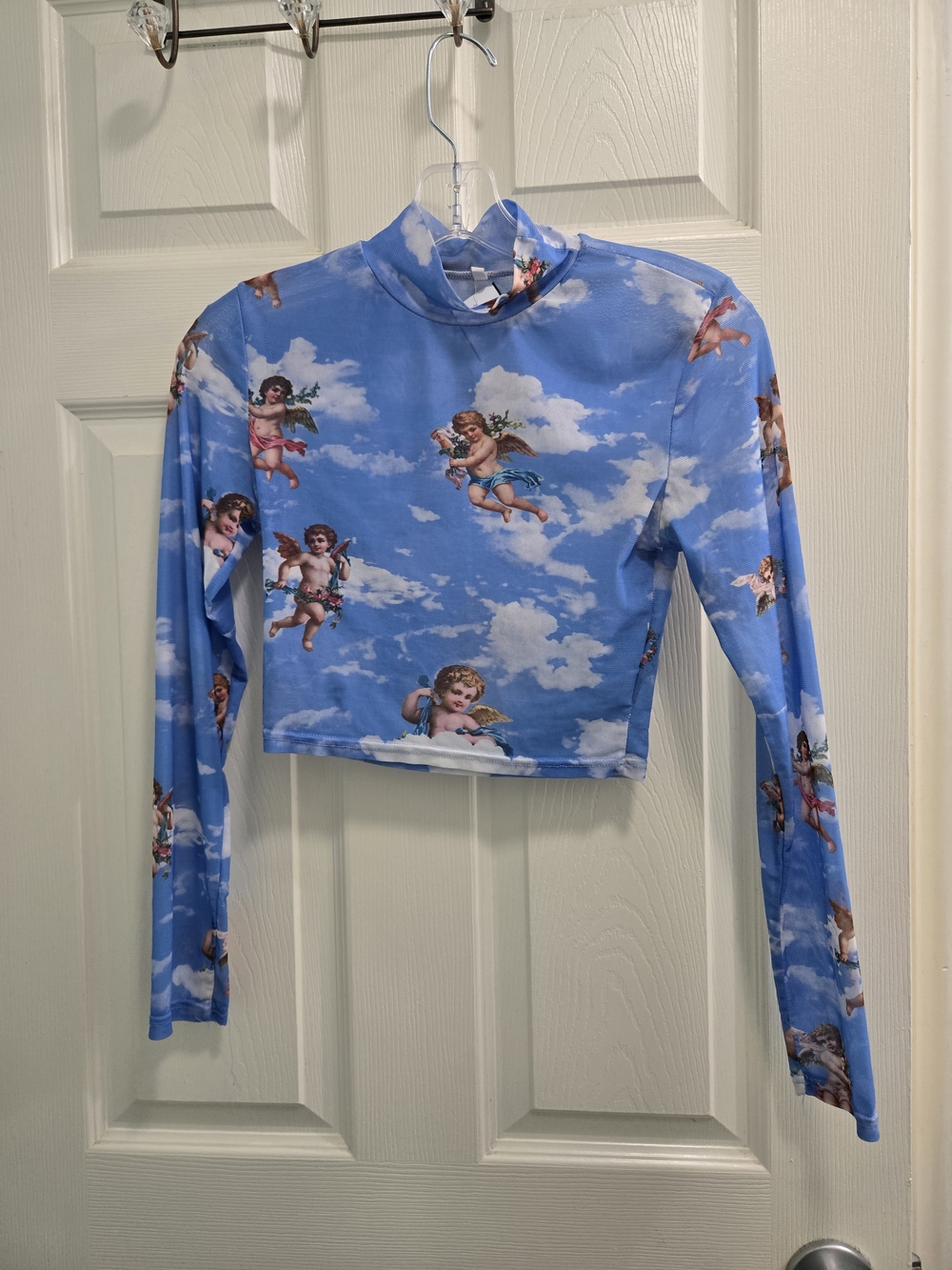 Cherub Print Mock Neck Mesh Long-Sleeve Crop Top - Blue/White Y2K